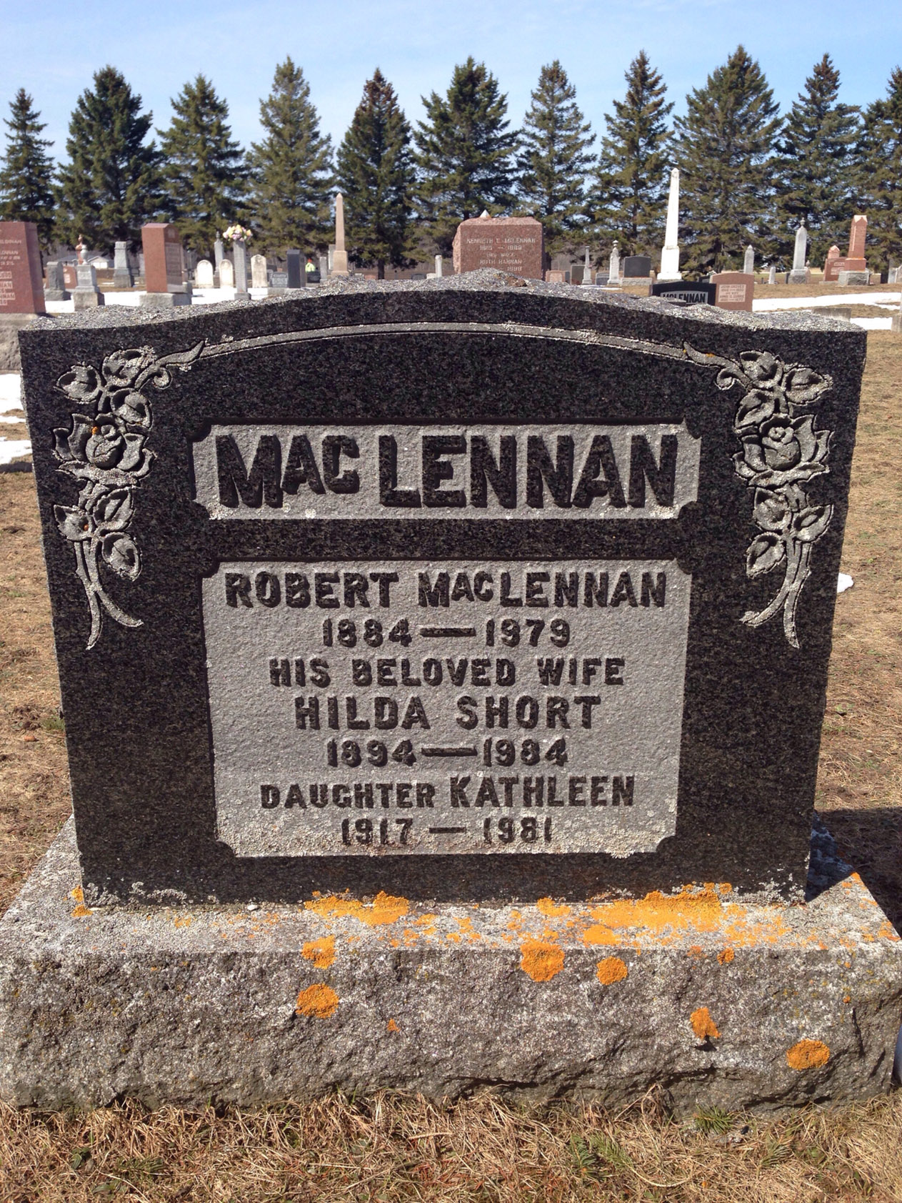 Photo of headstones/Robert MacLennan d1979 hdstn Purdy cem Bruce Co ON